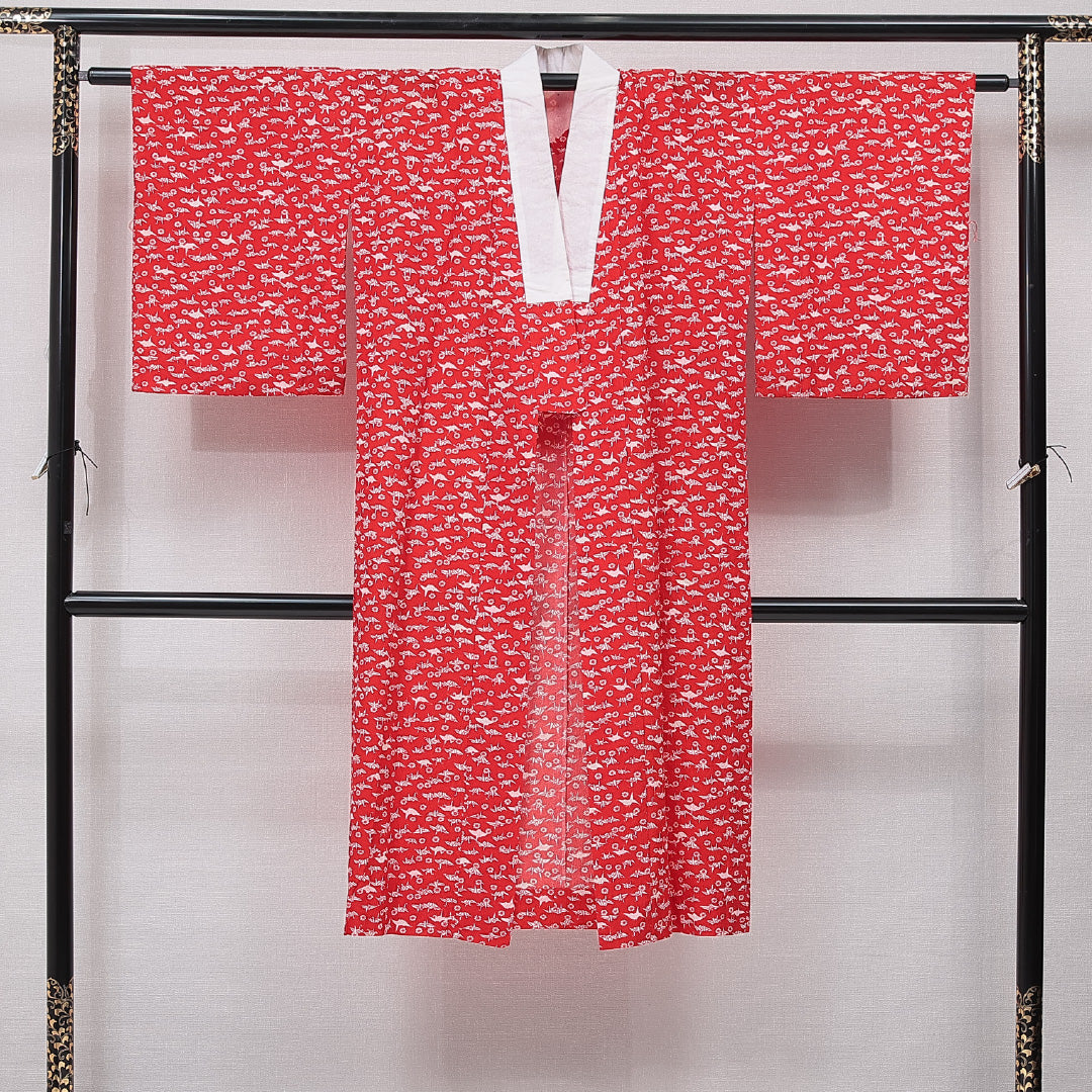 長襦袢 単衣 身丈125cm 裄丈63cm 正絹 Aランク Mサイズ バチ衿 肩当て 鶴 赤系 1229-15673