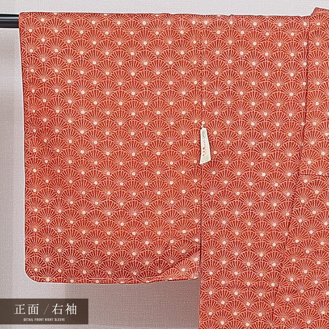 小紋 袷 身丈164cm 裄丈64cm 正絹 Sランク インフォーマル 広衿 Lサイズ 菊 朱系 RP 1221-16041