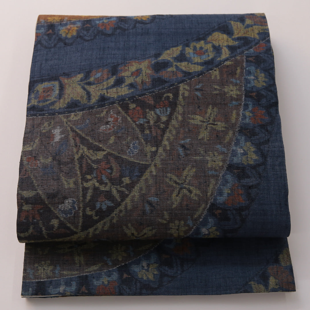 袋帯 帯丈440cm セミフォーマル 全通 帯芯なし Aランク 正絹 創作柄 ガード加工 紺系 多色系 1223-01905