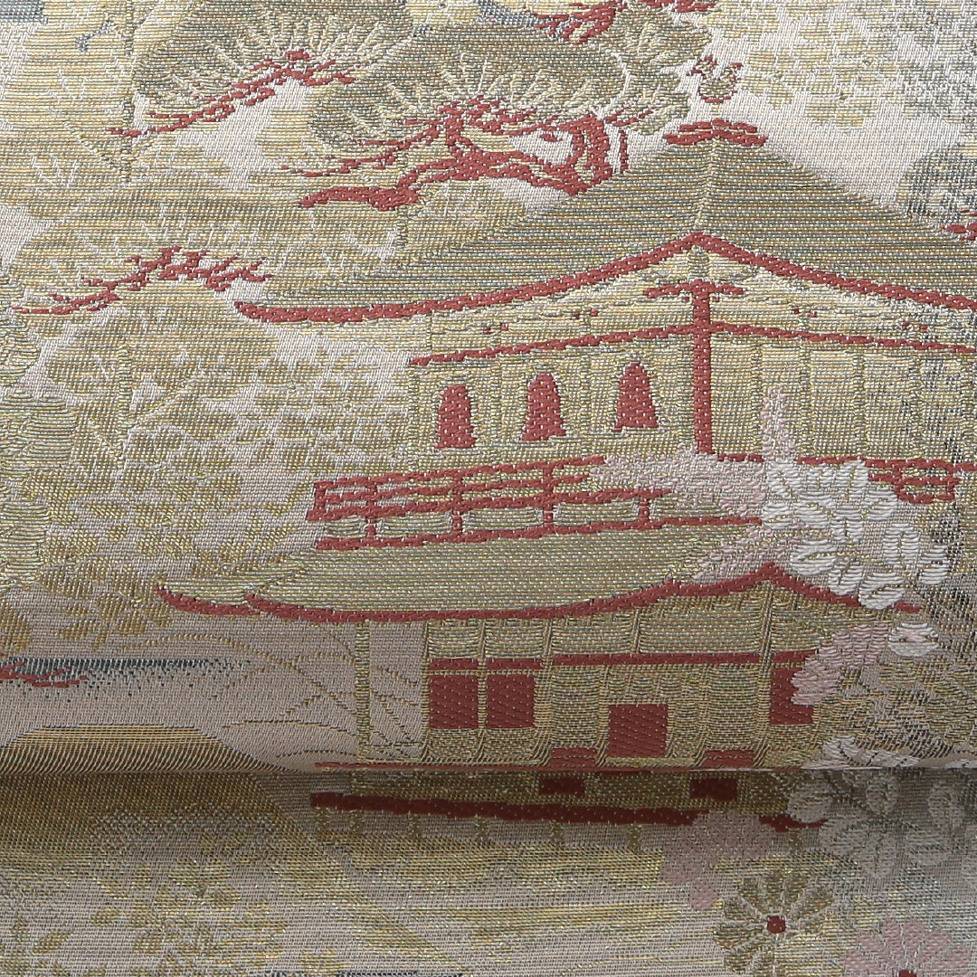 袋帯 帯丈428cm フォーマル 六通 Sランク 正絹 楼閣 クリーム系 1223-02076