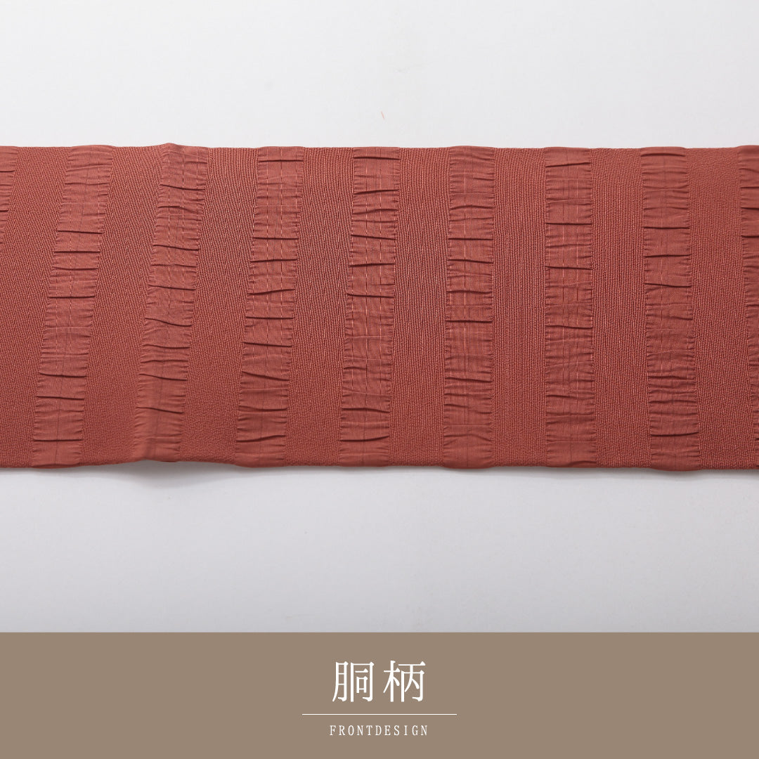 未使用品 九寸名古屋帯 Nランク 帯丈333cm 正絹 全通 名古屋仕立て 織り カジュアル しつけ糸 ふくれ織 創作柄 くすんだピンク系 HP 1245-03709