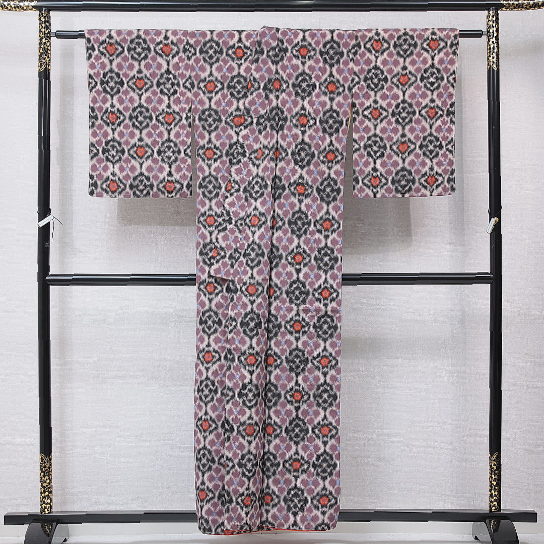 アンティーク 銘仙の着物 袷 身丈156cm 裄丈63cm 正絹 Aランク バチ衿 Mサイズ 花菱 紫系 M4 1223-16761
