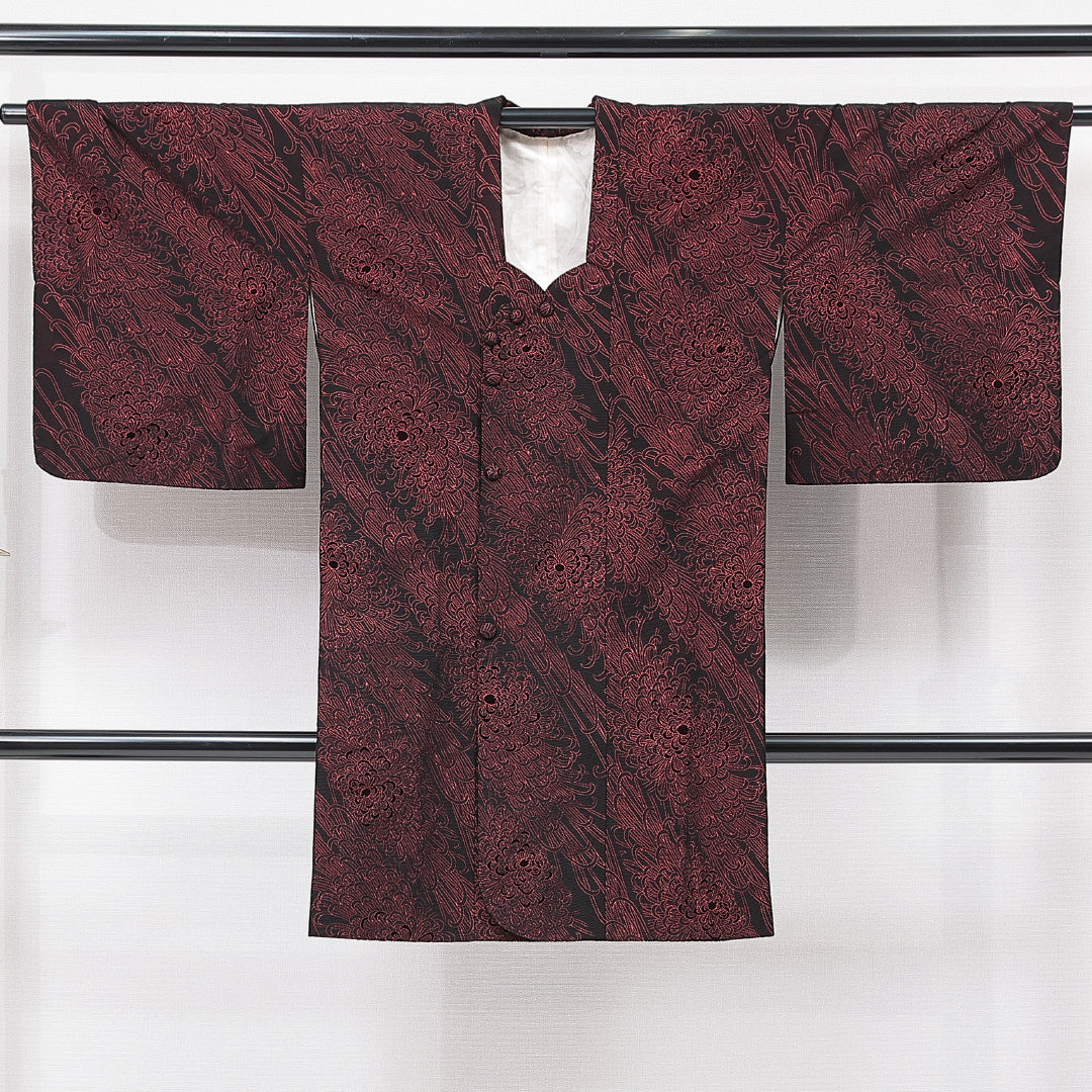 道行コート 袷 身丈103cm 裄丈31cm 正絹 Aランク Sサイズ フォーマル ポケットあり 植物柄 黒系 赤系 1263-15128