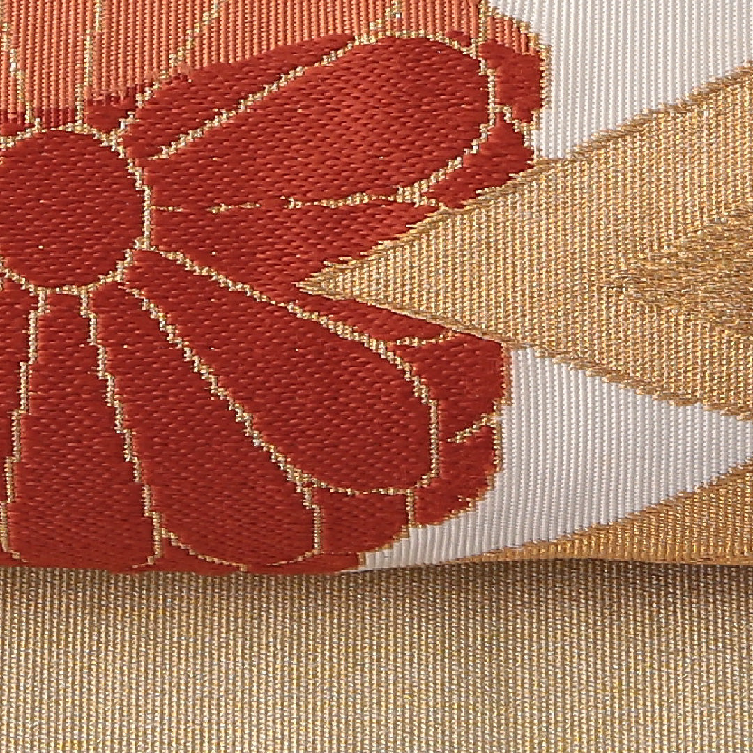 八寸名古屋帯 Cランク 帯丈336cm 正絹 六通 名古屋仕立て 織り セミフォーマル 綴れ織 唐華 青海波 ベージュ系・朱系 HP 1245-03165