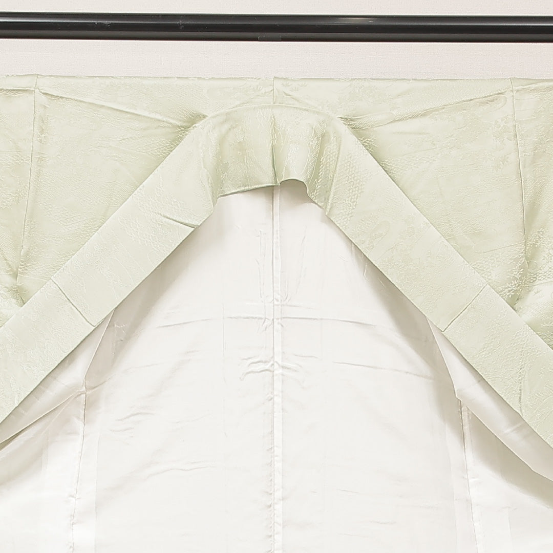 色無地 袷 身丈157cm 裄丈68cm 正絹 Cランク Mサイズ 広衿 インフォーマル 紋意匠 吉祥文様 緑系 1214-16893