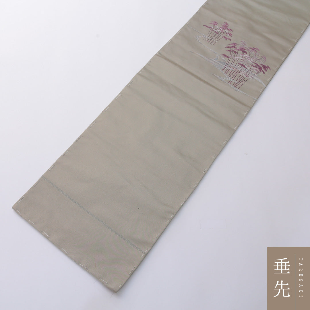 九寸名古屋帯 Cランク 帯丈336cm 正絹 ポイント柄 名古屋仕立て 織り セミフォーマル 風景柄 松 グレー系 RP 1245-03262