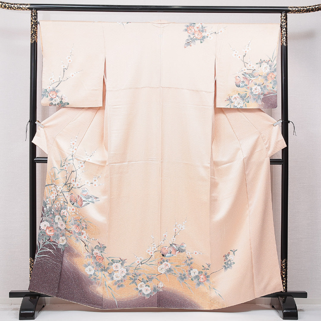 訪問着 袷 身丈162cm 裄丈66cm 正絹 井藤正製 Sランク Lサイズ 広衿 一つ紋（丸に梅鉢） セミフォーマル ガード加工 紋意匠 紗綾形 椿 証紙 ベージュ系 1212-15702