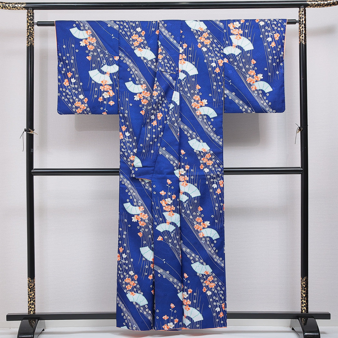 洗える着物 小紋 袷 身丈159cm 裄丈63cm ポリエステル Sランク インフォーマル 広衿 Mサイズ 古典柄 青系 RP 1221-16372