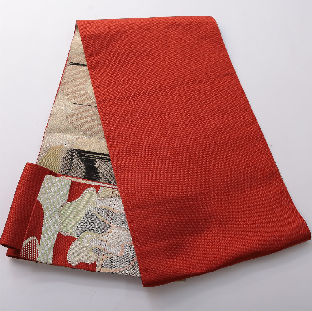 八寸名古屋帯 帯丈351cm カジュアル 松葉仕立て 六通 帯芯なし Sランク 正絹 花柄 朱系 赤系 1224-03457