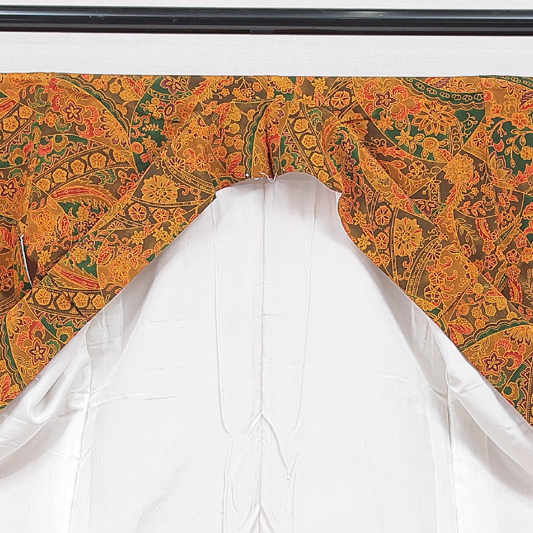 小紋 袷 身丈156cm 裄丈62cm 正絹 Dランク Mサイズ 広衿 インフォーマル ちりめん 多色系 朱系 1215-16665