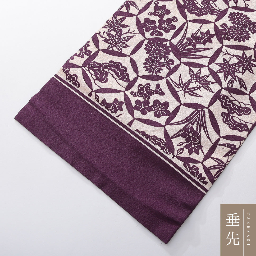 九寸名古屋帯 帯丈345cm カジュアル 名古屋仕立て 全通 Aランク 正絹 染め帯 古典柄 紫系 クリーム系 1224-03924