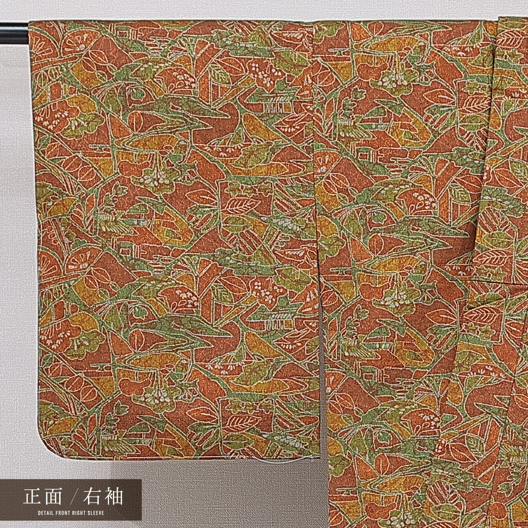 洗える着物 ウールの紬 単衣 身丈152cm 裄丈62cm ウール Sランク カジュアル バチ衿 Sサイズ 植物柄 茶系 RP 1223-15367