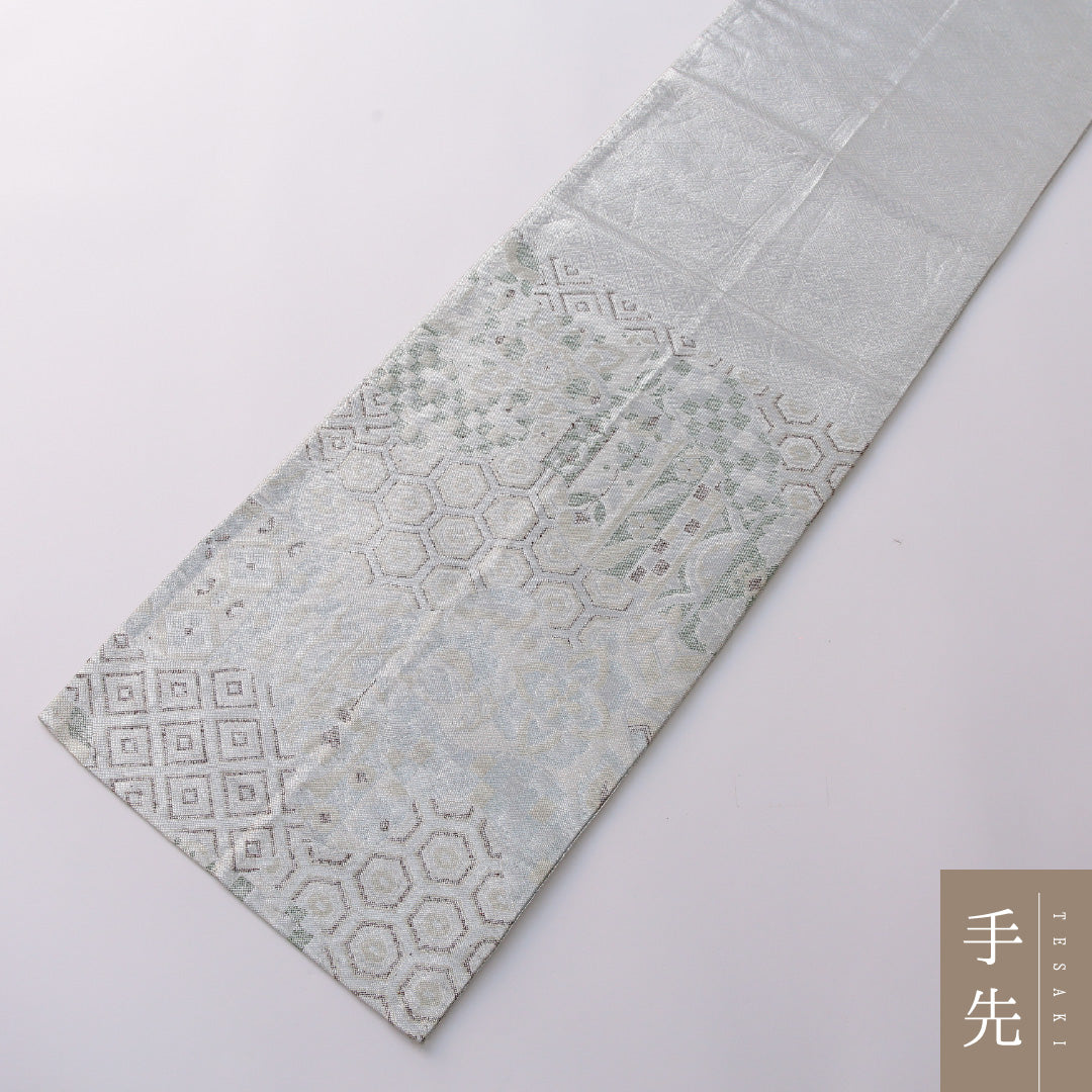 袋帯 帯丈424cm 正絹 六通 フォーマル ふくれ織 道長取り 吉祥文様 銀系 1243-01944