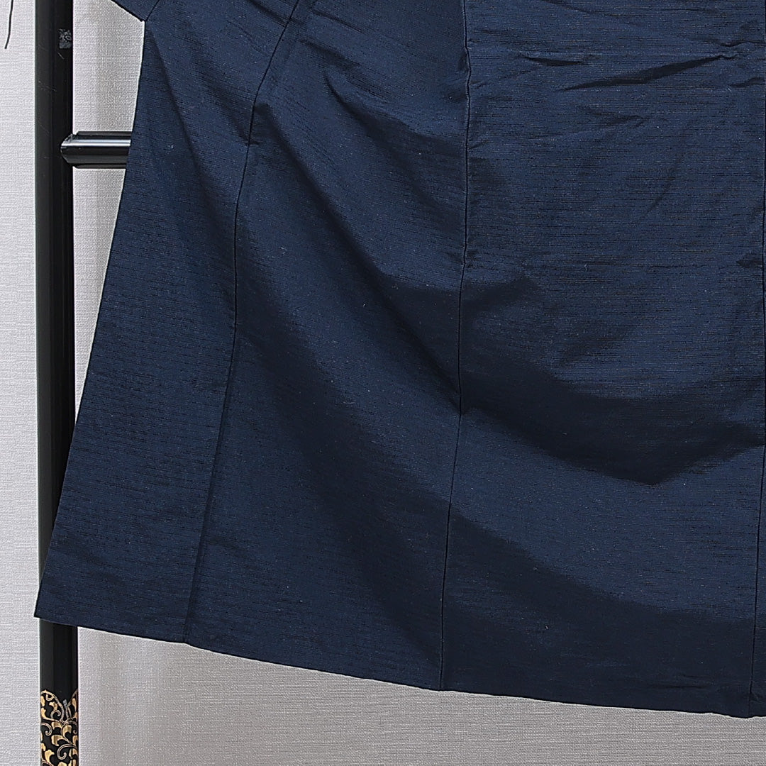 男着物 袷 身丈142cm 裄丈67cm 正絹 Cランク カジュアル 棒衿 Mサイズ 無地 紺系 LP 1224-15759