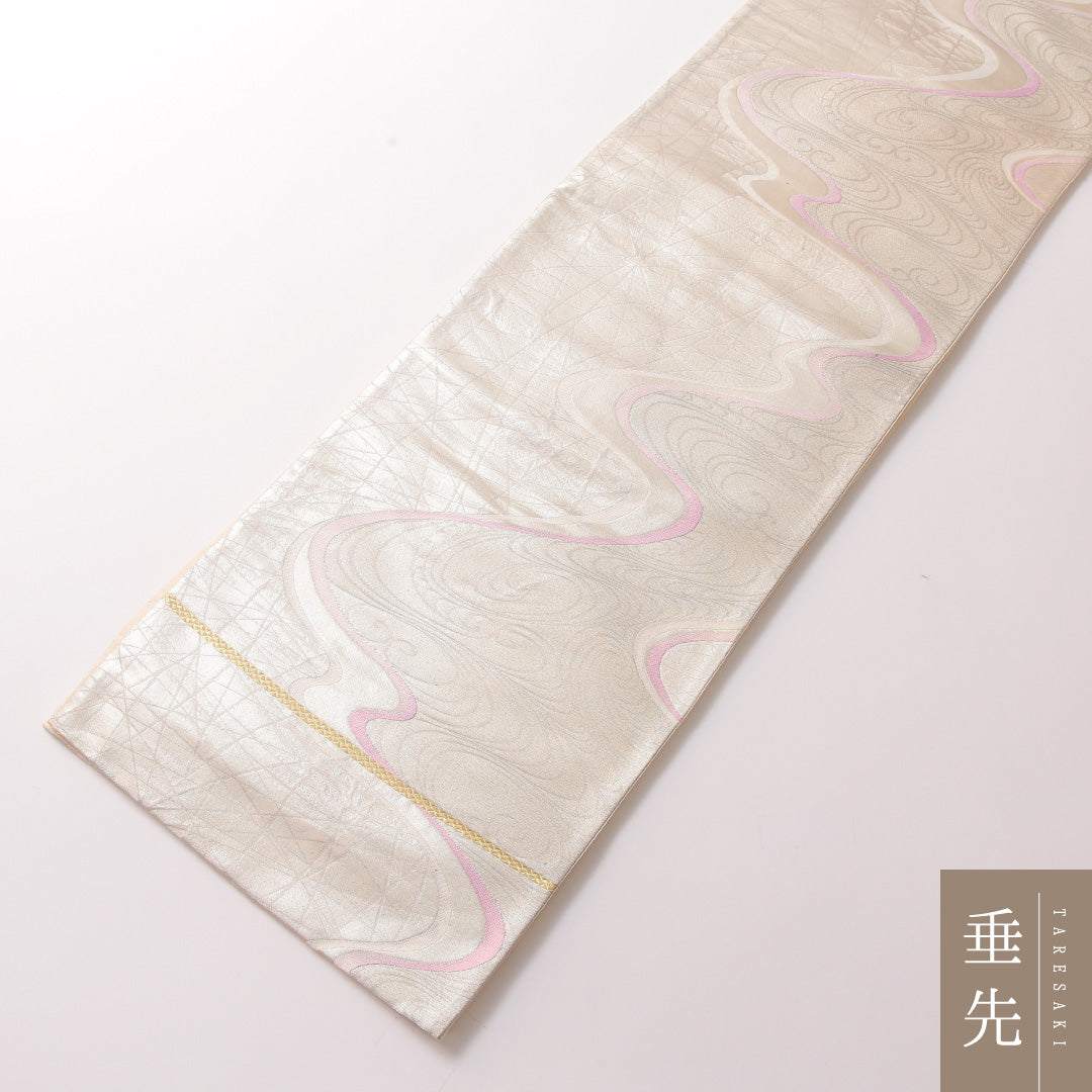 袋帯 帯丈416cm 正絹 六通 セミフォーマル 流水 銀系 1243-01855
