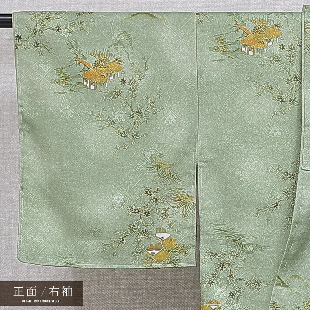 洗える着物 小紋 袷 身丈148cm 裄丈62cm ポリエステル Sランク 紋意匠 (吉祥文様) インフォーマル 広衿 XSサイズ 織り出し 茶屋辻 緑系 RP 1221-16108