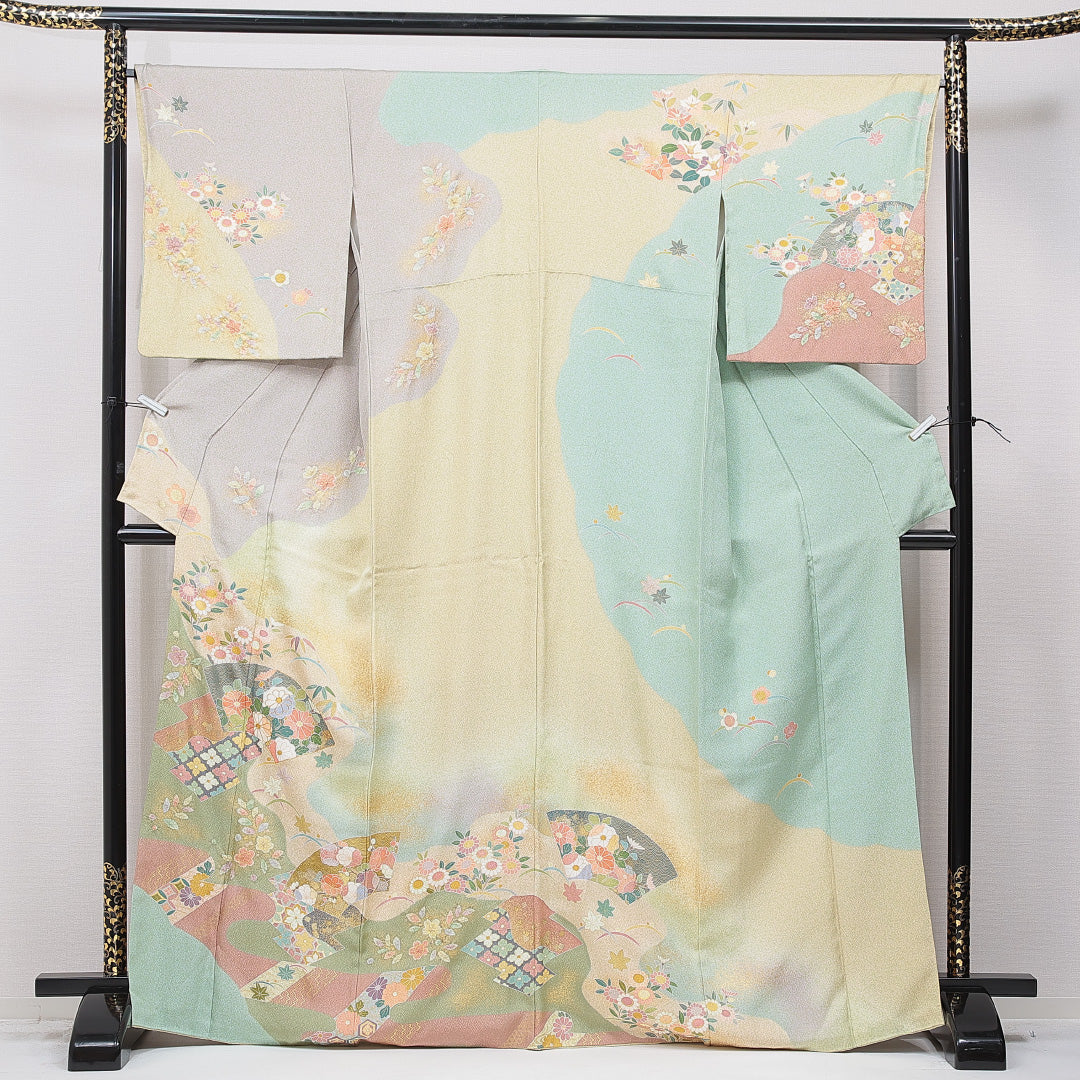 訪問着 袷 身丈166cm 裄丈65cm 正絹 Sランク XLサイズ 広衿 セミフォーマル ガード加工 吉祥文様 菊 金彩 金駒刺繍 多色系 緑系 1212-15719