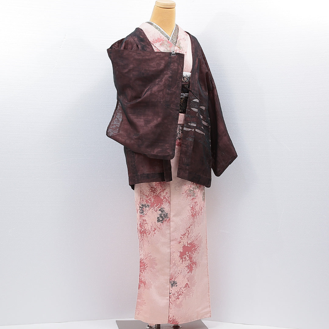 道中着 夏物 二重紗 身丈77cm 裄丈65cm 正絹 Sランク Mサイズ カジュアル 抽象柄 茶系 ピンク系 1264-15458