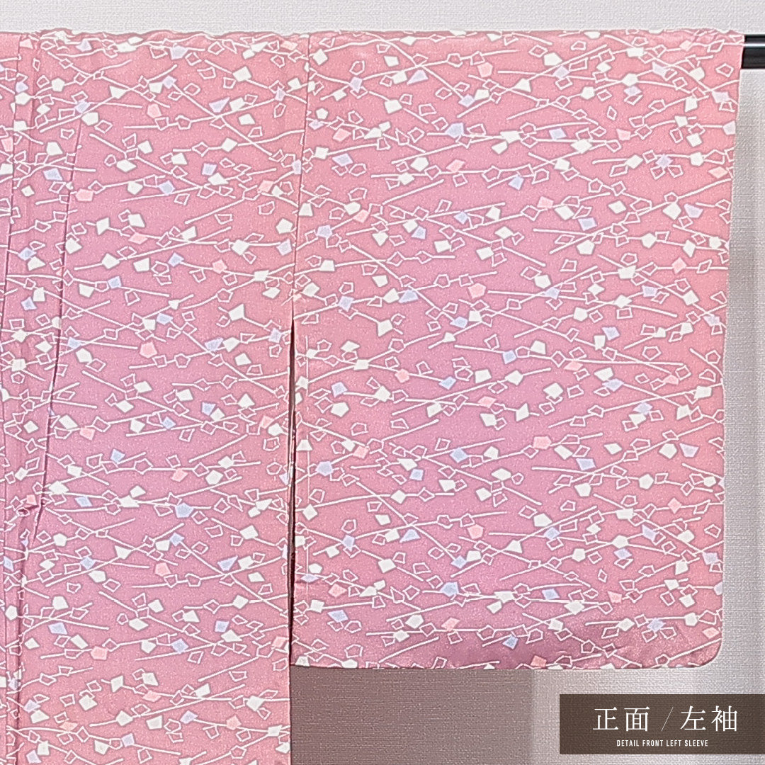 小紋 洗える着物 袷 身丈161cm 裄丈61cm ポリエステル Cランク Lサイズ 広衿 インフォーマル 抽象柄 ピンク系 1215-15804