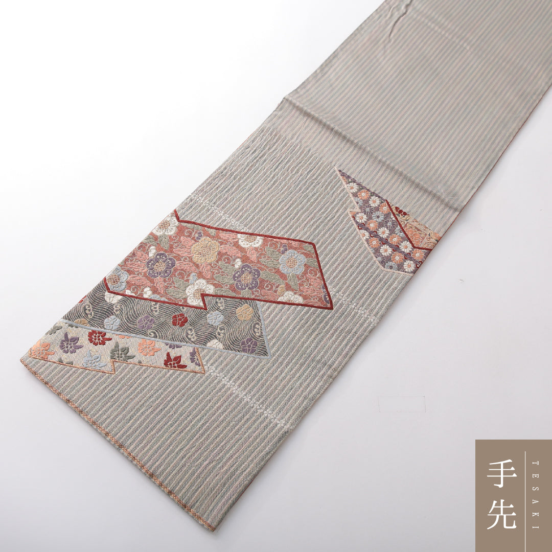 袋帯 帯丈432cm 正絹 六通 フォーマル ふくれ織 色紙重ね 吉祥文様 緑系 1243-02115