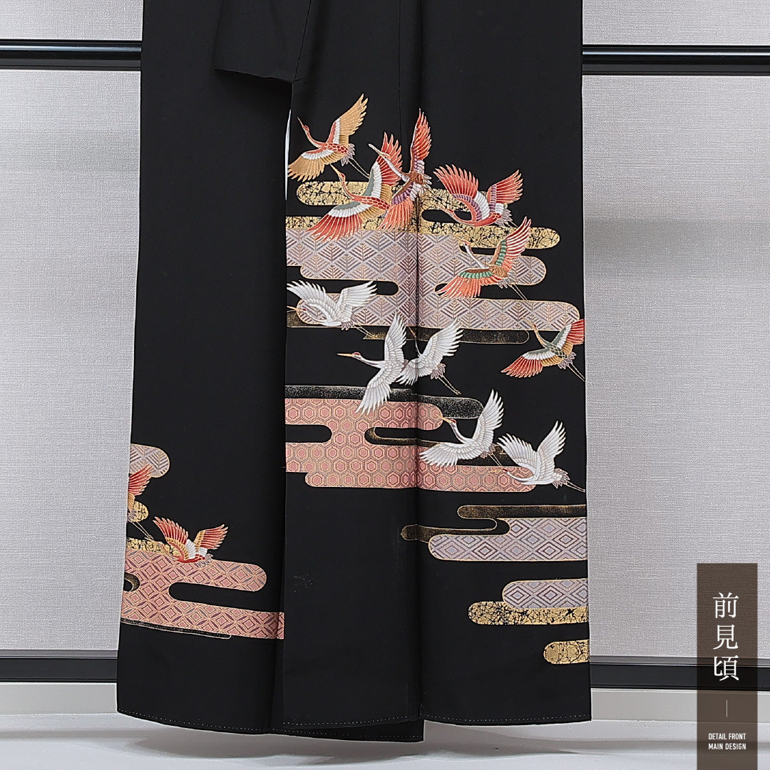 黒留袖 袷 身丈156cm 裄丈62cm 五つ紋 七宝に花菱 フォーマル Sランク Mサイズ 正絹 比翼仕立て 広衿 鶴 刺繍 金駒刺繍 1211-F0735