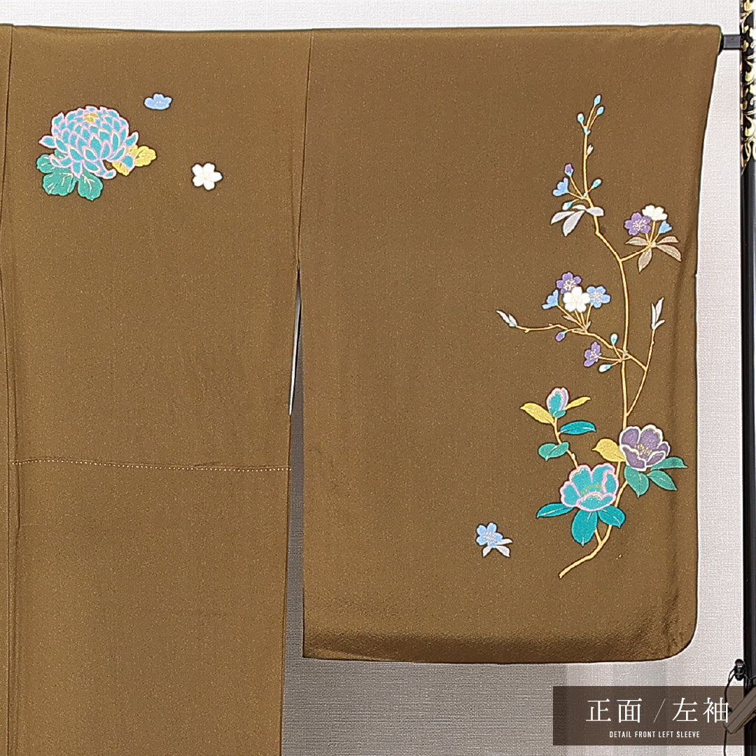 訪問着 袷 身丈169cm 裄丈70cm 正絹 Cランク セミフォーマル 広衿 XLサイズ 金彩 作家物 落款 芍薬 華やか 可愛らしい 茶系 RP 1217-15047