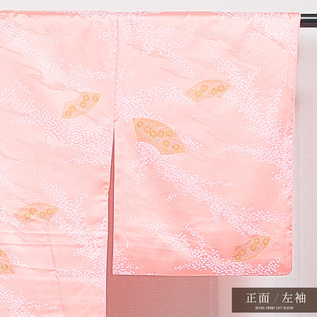 小紋 袷 身丈163cm 裄丈65cm ポリエステル 洗える着物 Bランク インフォーマル バチ衿 Lサイズ 扇 菊 付下げ 可憐 古典的 ピンク系 HP 1221-16420
