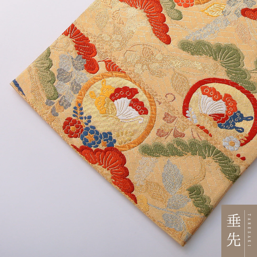 袋帯 帯丈442cm 正絹 六通 フォーマル 蝶 笠松 丸文 落款 金系 1243-02002