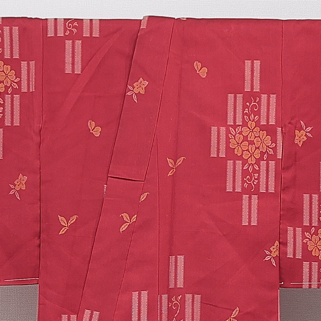 お召 袷 身丈155cm 裄丈60cm 正絹 Cランク インフォーマル バチ衿 Mサイズ 花柄 赤系 LP 1222-15583