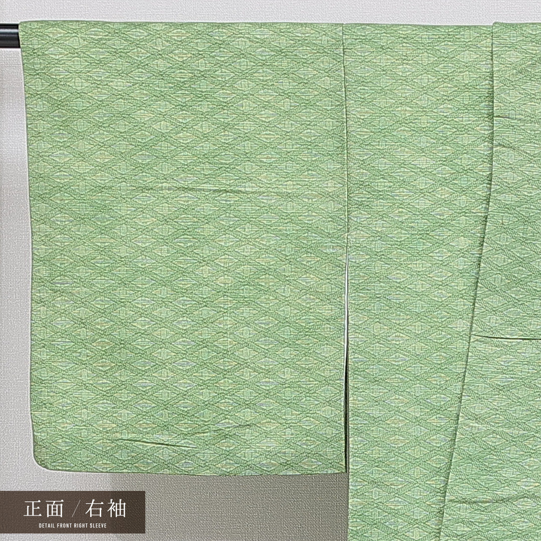 洗える着物 小紋 袷 身丈156cm 裄丈63cm ポリエステル Sランク インフォーマル 広衿 Mサイズ 格子 創作柄 緑系 RP 1221-16338