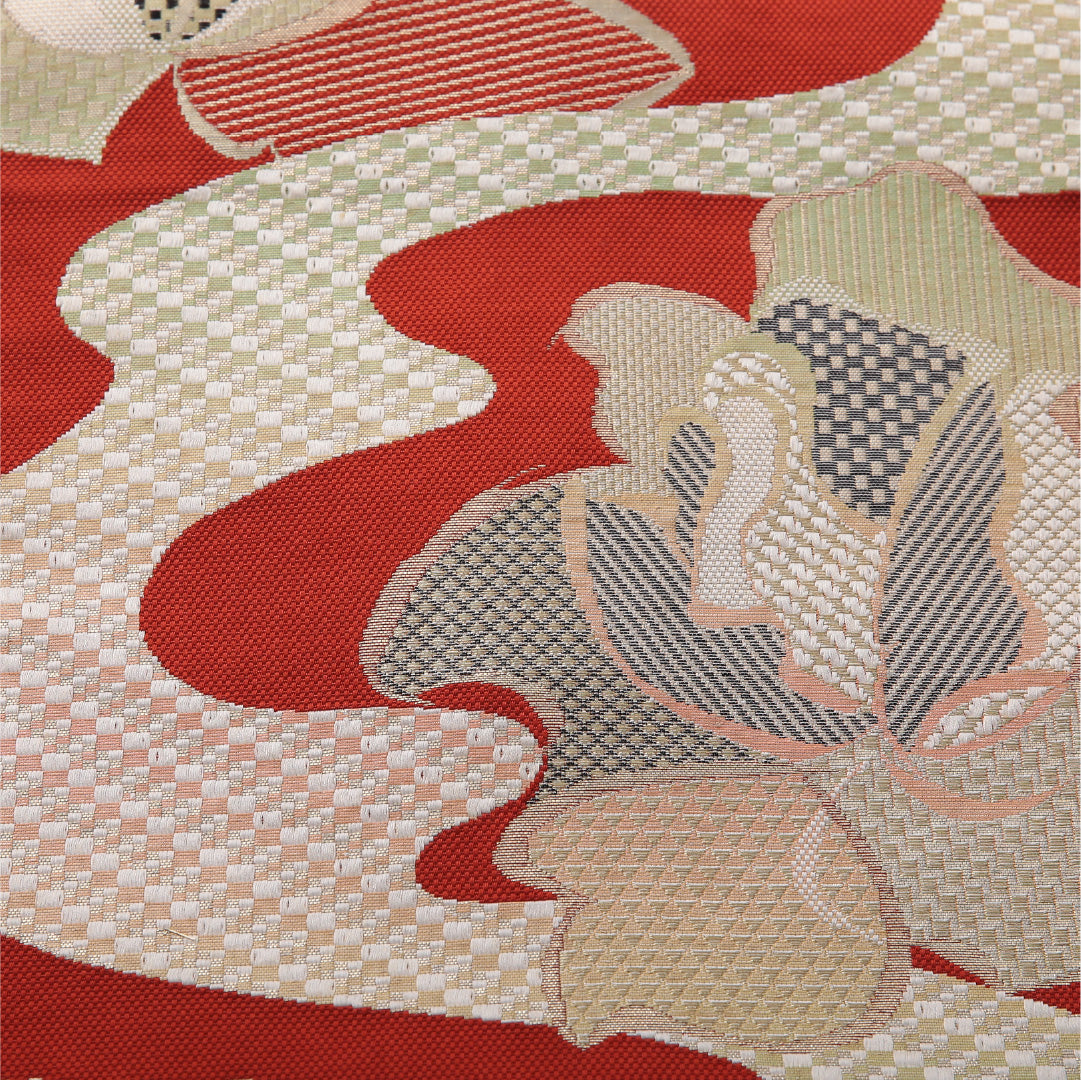 八寸名古屋帯 帯丈351cm カジュアル 松葉仕立て 六通 帯芯なし Sランク 正絹 花柄 朱系 赤系 1224-03457