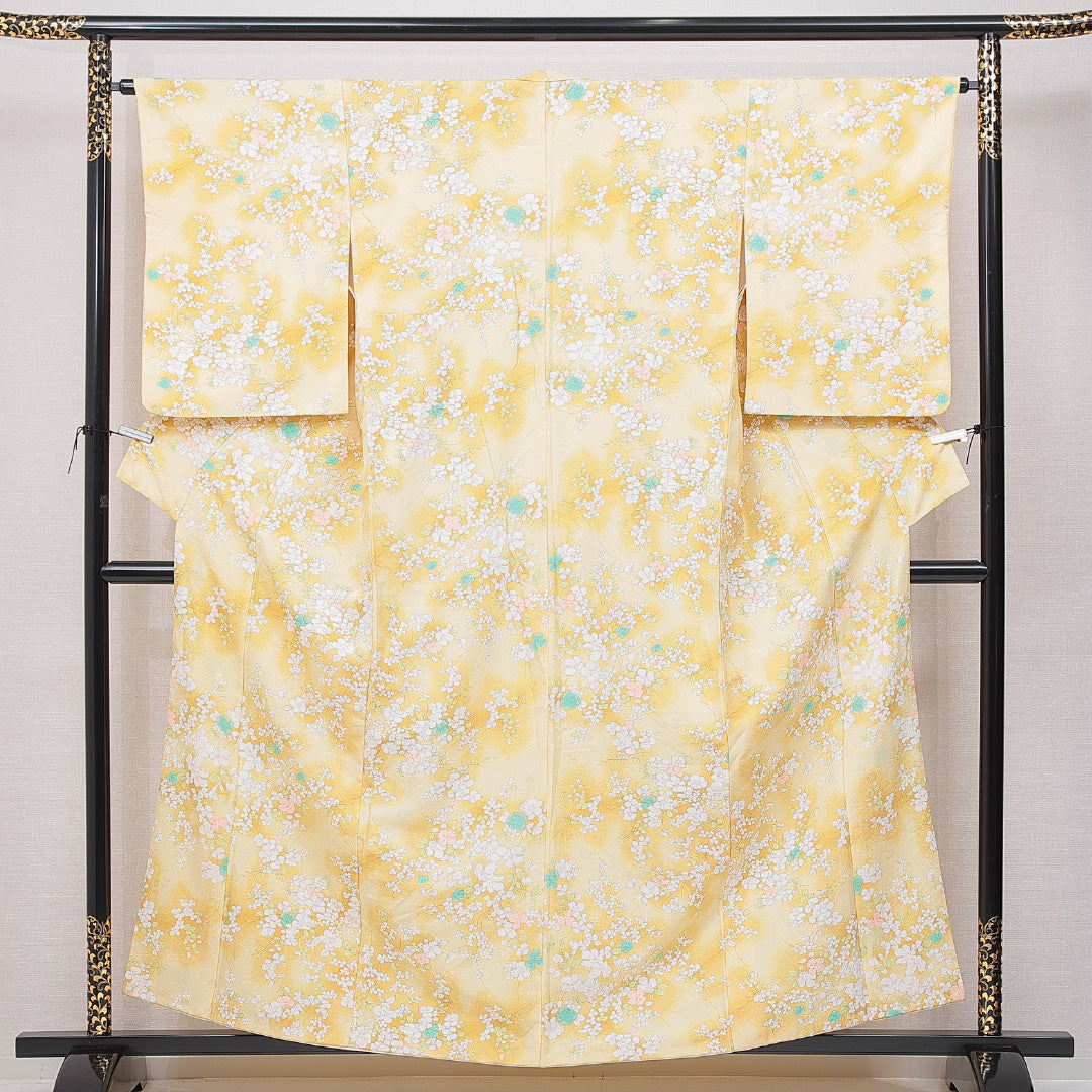 小紋 袷 身丈159cm 裄丈64cm 正絹 Cランク インフォーマル 広衿 Mサイズ 花柄 黄系 HP 1221-15097