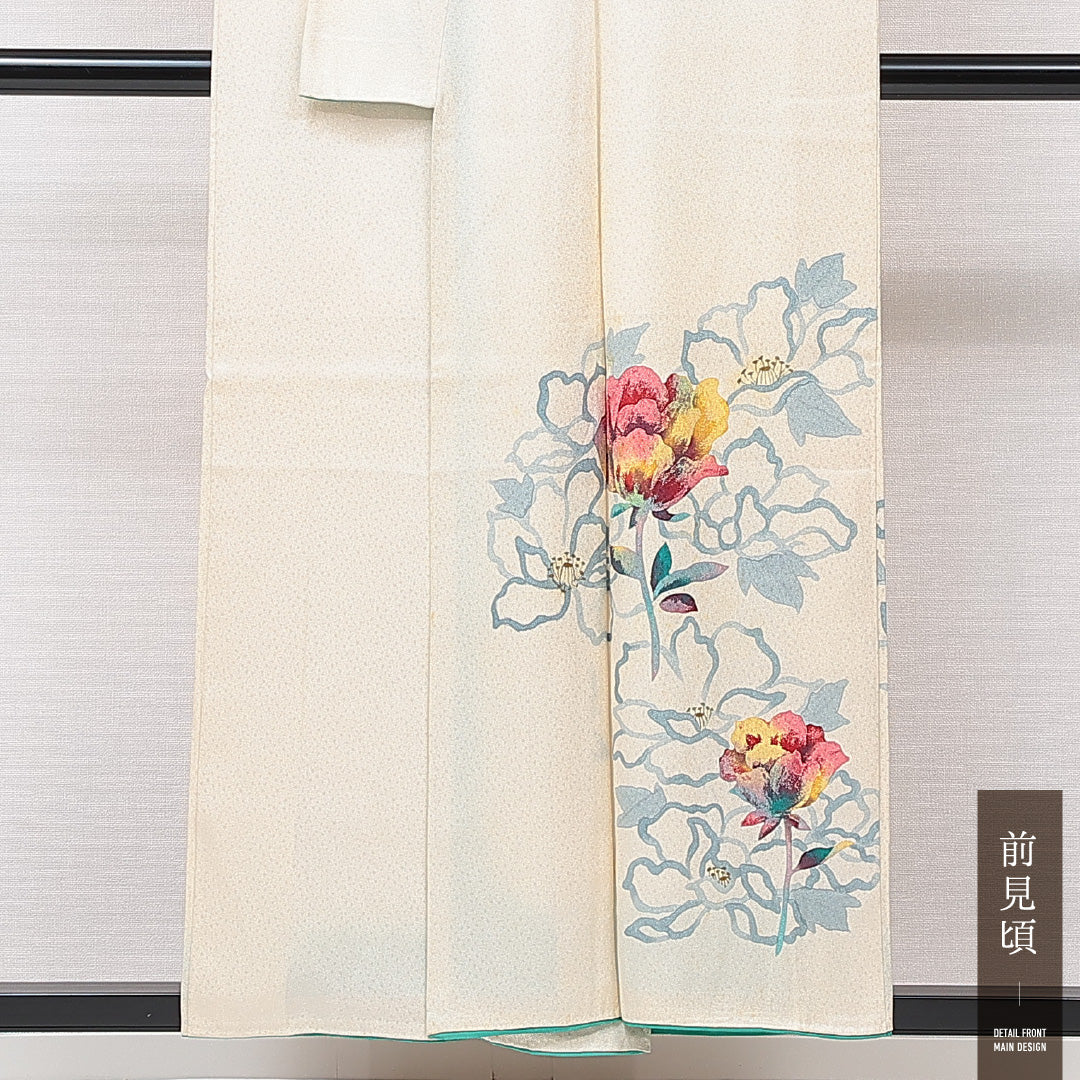 付下げ 袷 身丈153cm 裄丈65cm 正絹 Cランク インフォーマル 広衿 Sサイズ 牡丹 クリーム系 LP 1218-15339