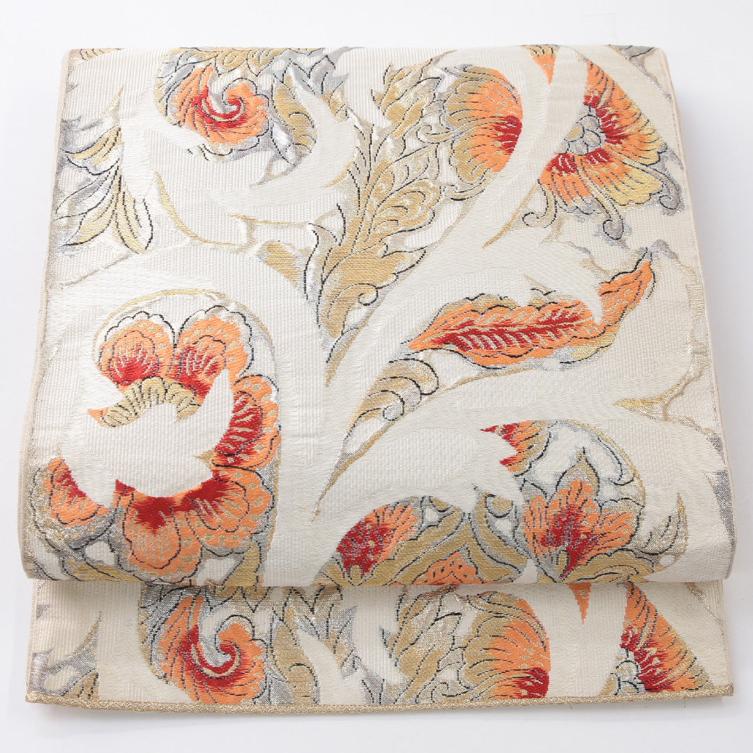 袋帯 帯丈410cm セミフォーマル 六通 未仕立て Cランク 正絹 唐華 クリーム系 1223-02228