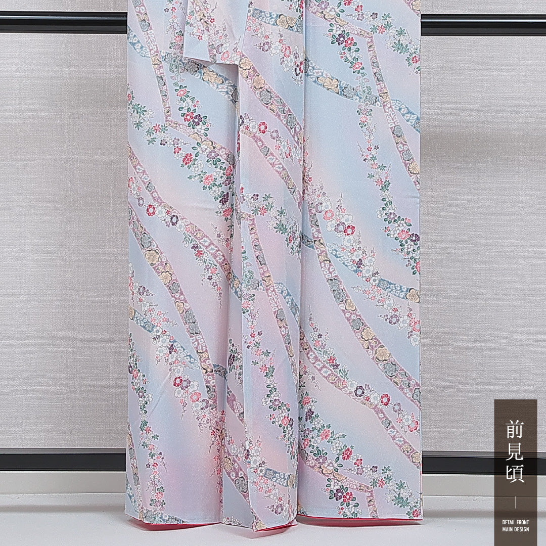 小紋 袷 身丈161cm 裄丈62cm 正絹 Sランク インフォーマル 広衿 Lサイズ ぼかし染 椿 水色系 RP 1221-16052