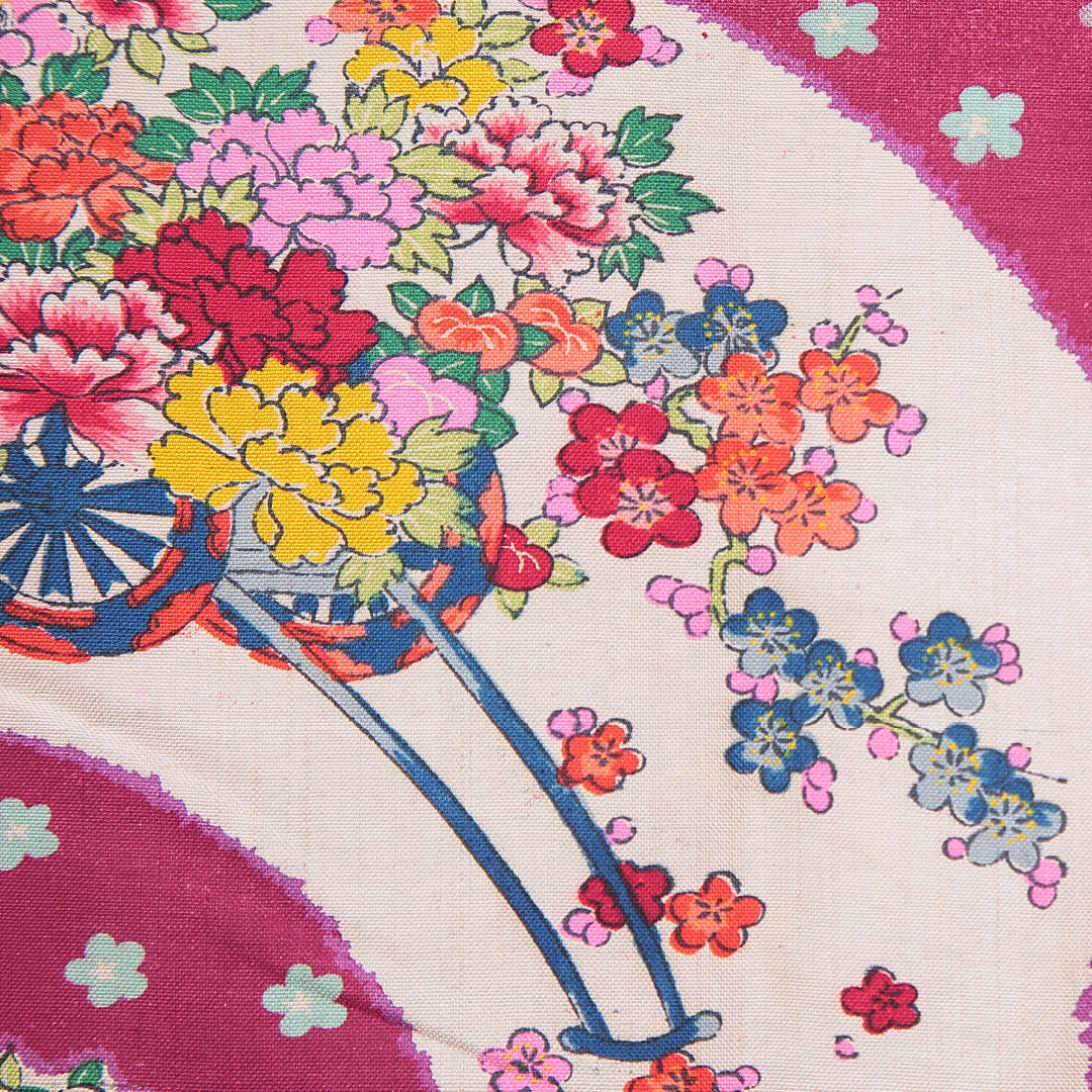 アンティーク 羽織（紬） 袷 身丈93cm 裄丈63cm 正絹 Cランク Sサイズ 後染め 扇 牡丹 紫系 1217-15324