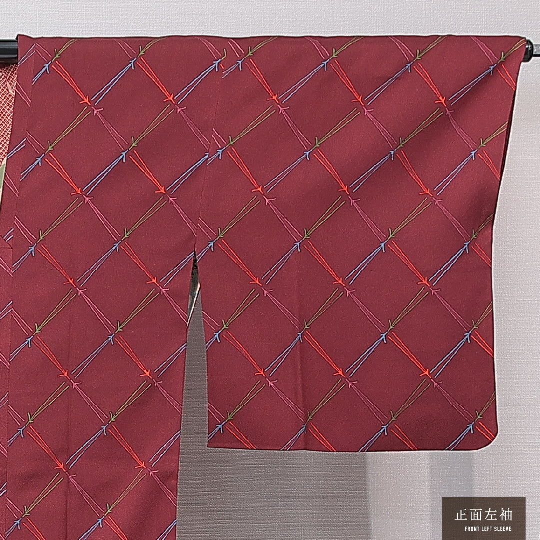道行コート 袷 身丈94cm 裄丈65cm 正絹 Sランク セミフォーマル Mサイズ ポケットあり 松葉 赤系 RP 1237-16777