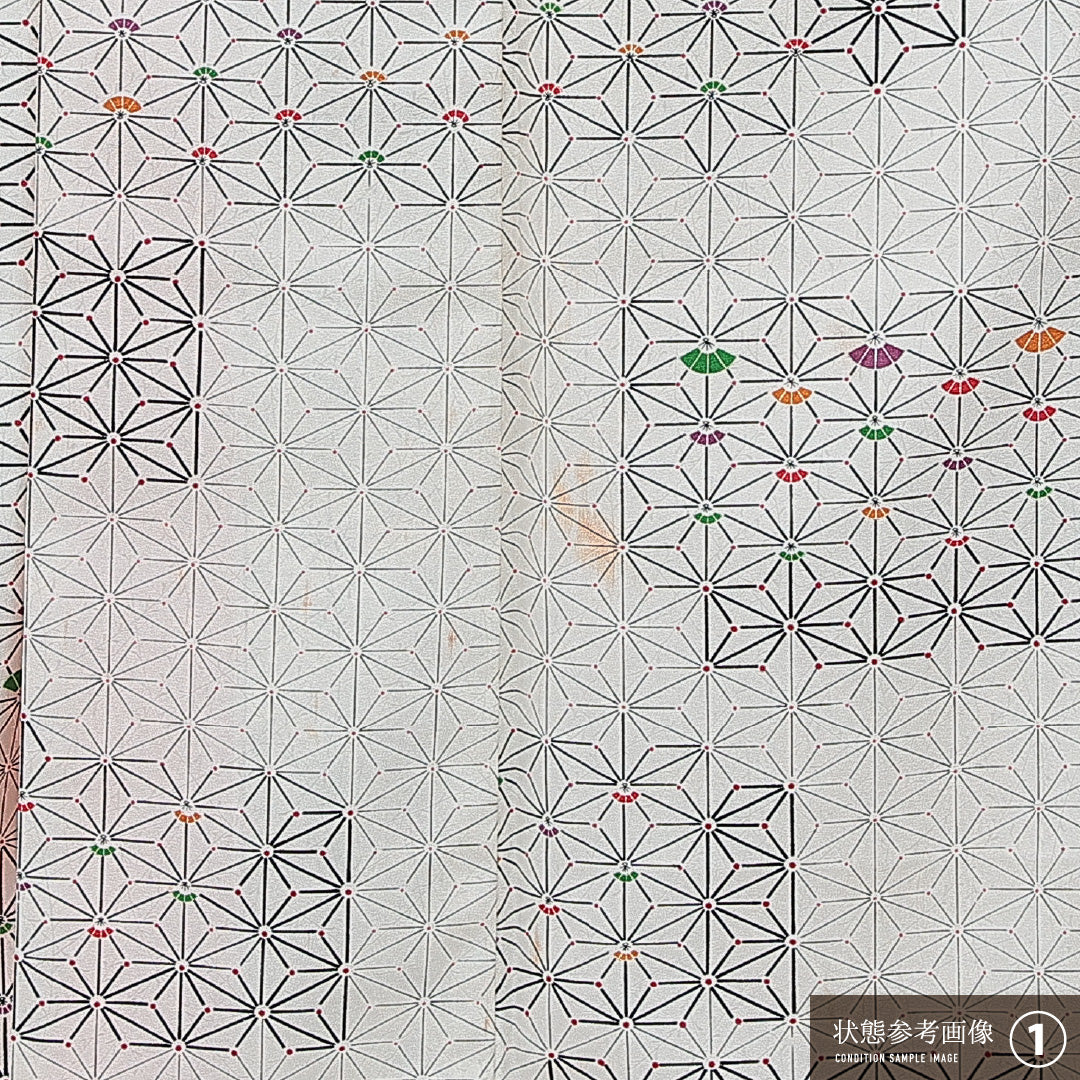 小紋 洗える着物 袷 身丈162cm 裄丈63cm ポリエステル Bランク Lサイズ 広衿 インフォーマル 麻の葉 白系 1215-15798