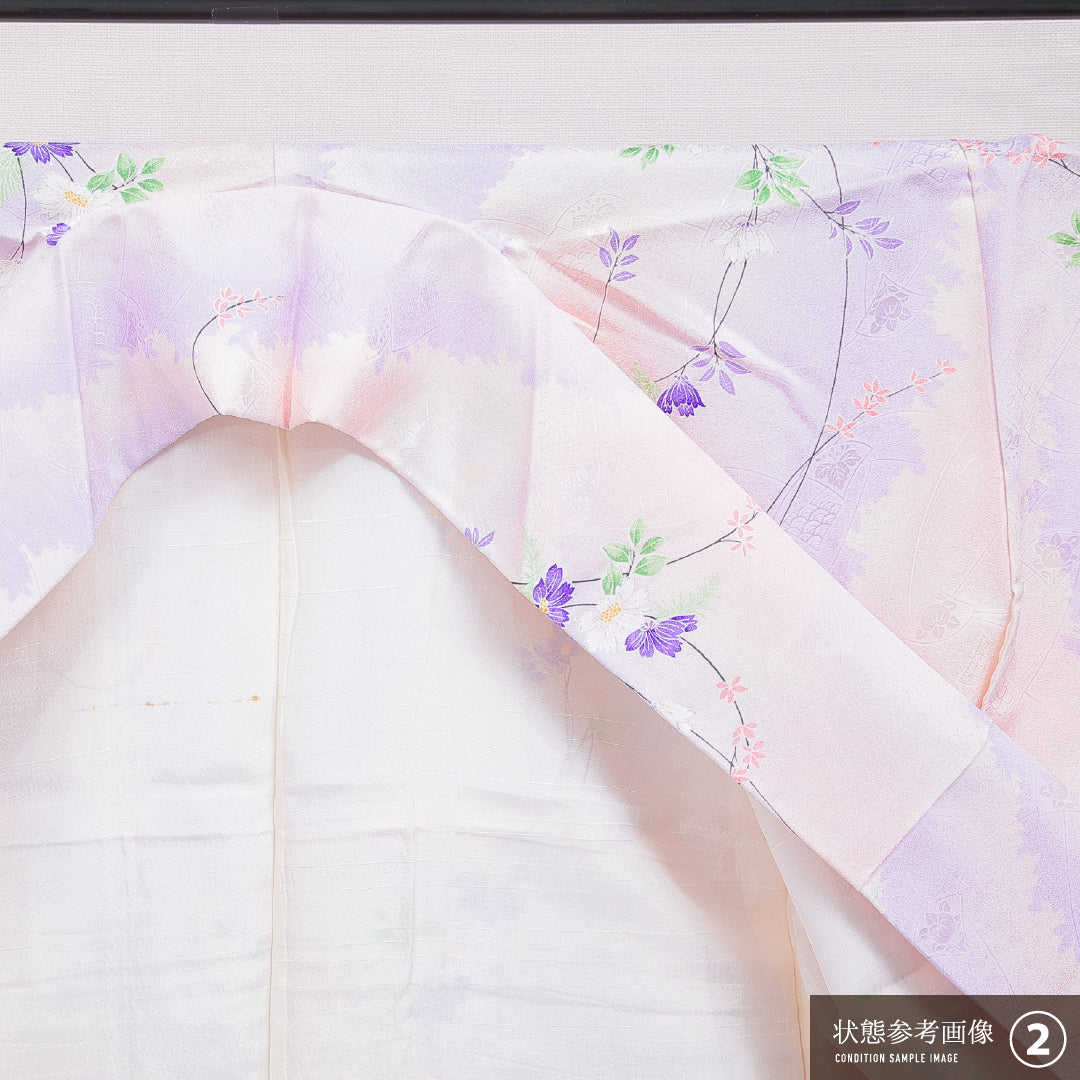 洗える着物 小紋 袷 身丈158cm 裄丈66cm ポリエステル Bランク インフォーマル 広衿 Mサイズ 花柄 ピンク系 HP 1221-16325