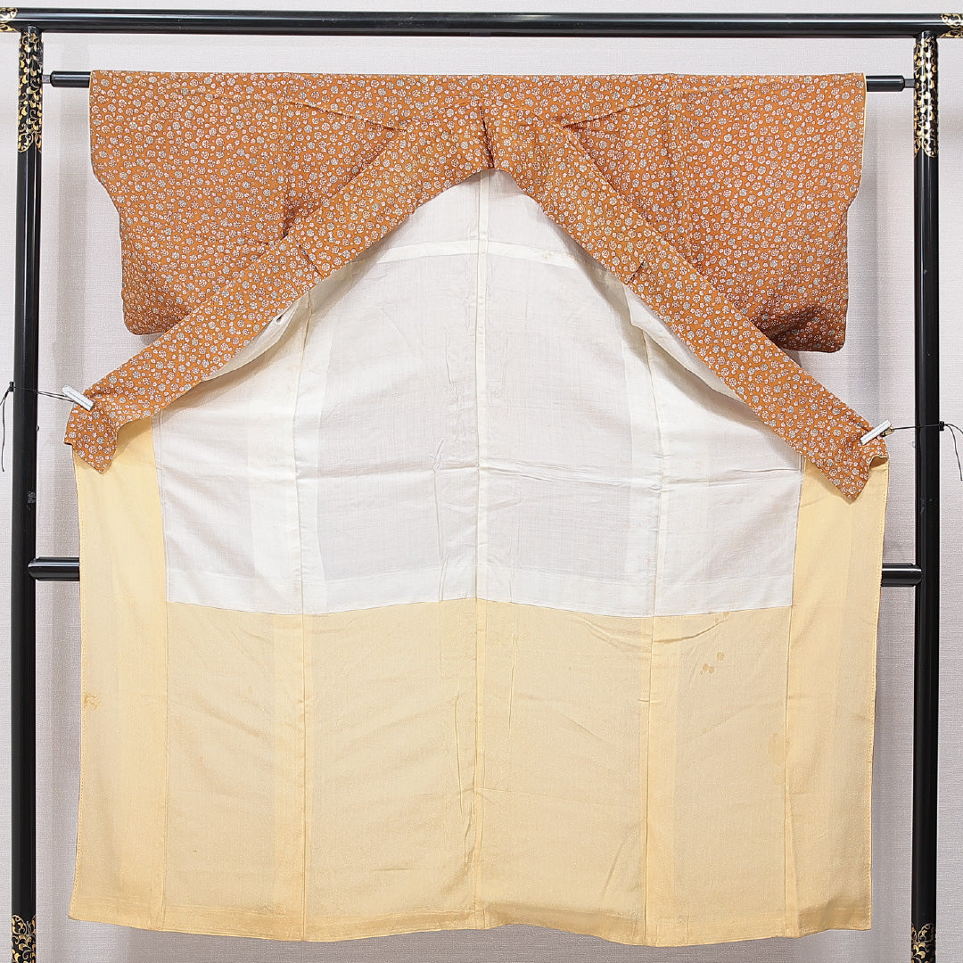 小紋 袷 身丈143cm 裄丈59cm 正絹 Aランク インフォーマル 広衿 XSサイズ 花柄 朱系 HP 1221-15578