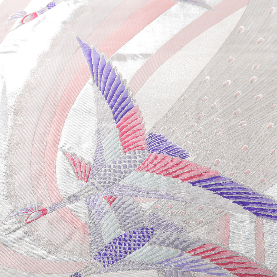 振袖用 袋帯 帯丈436cm 六通 Aランク 正絹 千鳥 クリーム系 銀系 1223-02077