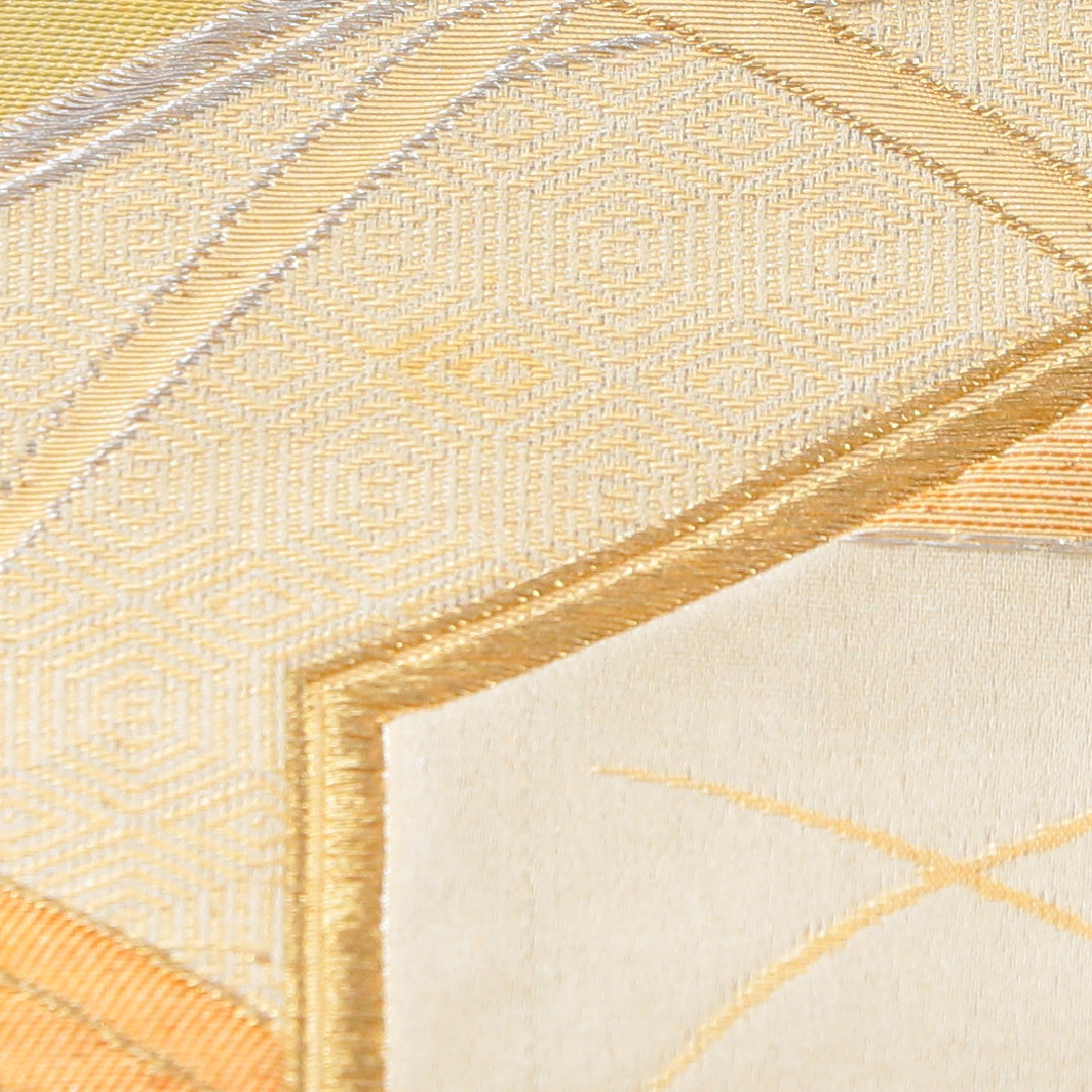 袋帯 帯丈416cm フォーマル 六通 Aランク 正絹 亀甲 菊 黄系 クリーム系 1223-02291