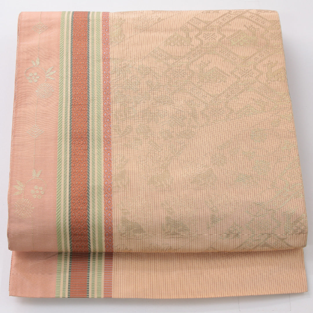 袋帯 帯丈450cm セミフォーマル 六通 未仕立て 帯芯なし Sランク 正絹 有栖川鹿文 証紙 ピンク系 1223-02232