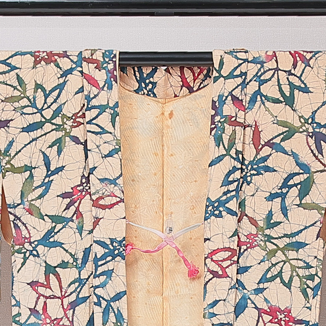 羽織 袷 身丈72cm 裄丈65cm 正絹 Aランク Mサイズ カジュアル 紐あり 植物柄 クリーム系 1217-15121