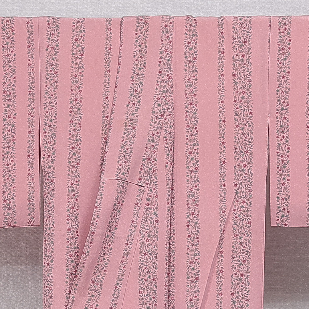 小紋 洗える着物 袷 身丈161cm 裄丈65cm ポリエステル Cランク Lサイズ 広衿 インフォーマル 花柄 ピンク系 1215-16103