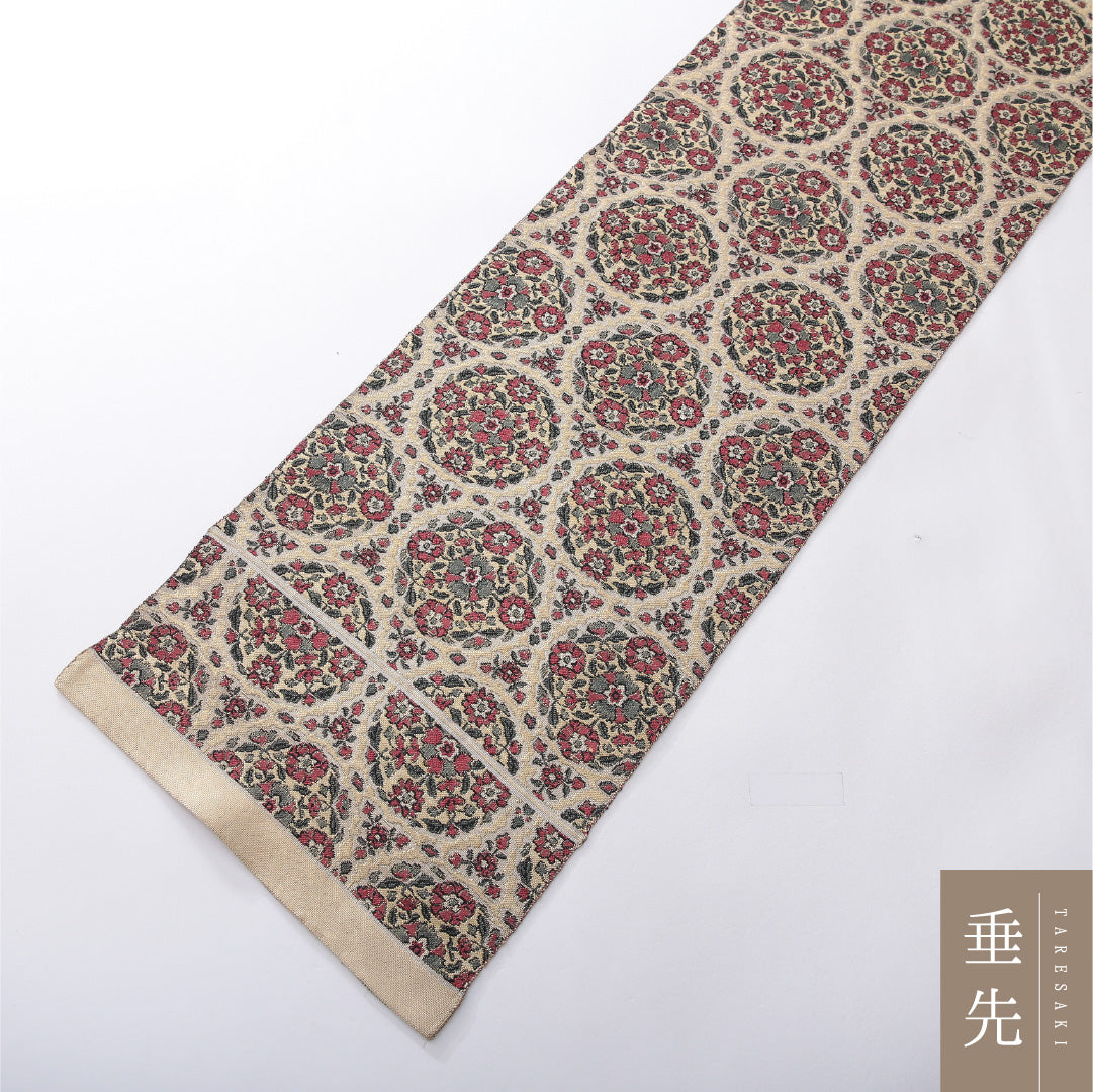 八寸名古屋帯 帯丈392cm カジュアル 開き仕立て 全通 Aランク 正絹 花文 多色系 クリーム系 1224-03916