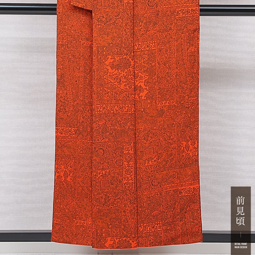 アンティーク 小紋 袷 身丈155cm 裄丈62cm 正絹 Aランク Mサイズ バチ衿 更紗 ちりめん 花柄 赤系 朱系 1215-15683