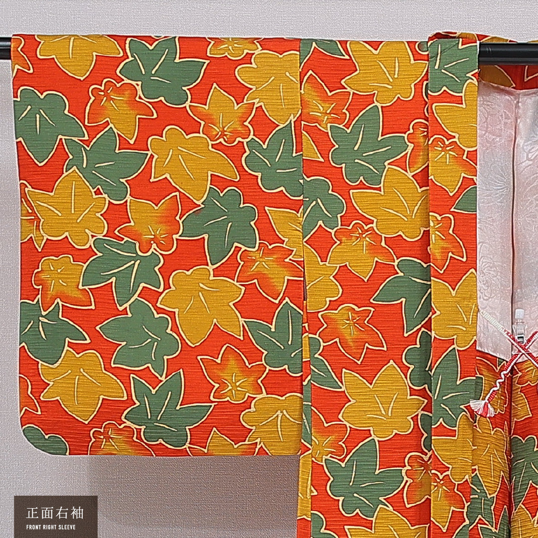 羽織 袷 身丈75cm 裄丈62cm 正絹 Sランク カジュアル Sサイズ 紐あり 紅葉 楓 朱系 RP 1232-16841