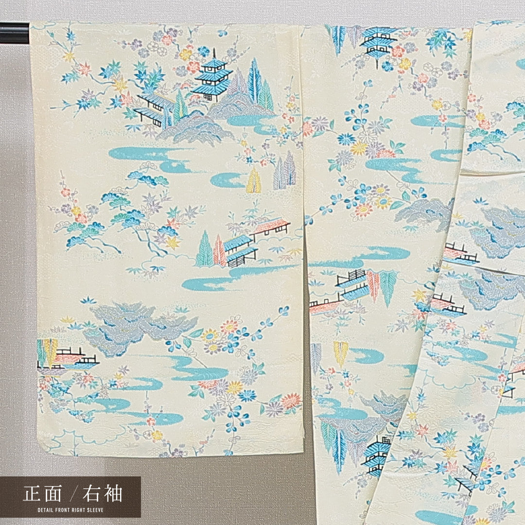 洗える着物 小紋 袷 身丈153cm 裄丈62cm ポリエステル Cランク インフォーマル 広衿 Sサイズ 楼閣 梅 黄系 LP 1221-15990