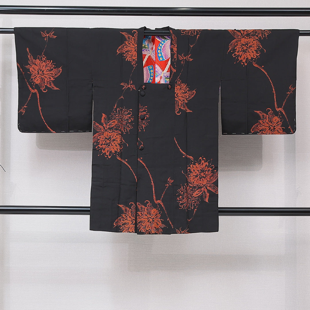 アンティーク 道行コート（お召） 袷 身丈88cm 裄丈62cm 正絹 Aランク Sサイズ ポケットあり 花柄 黒系 1263-16802